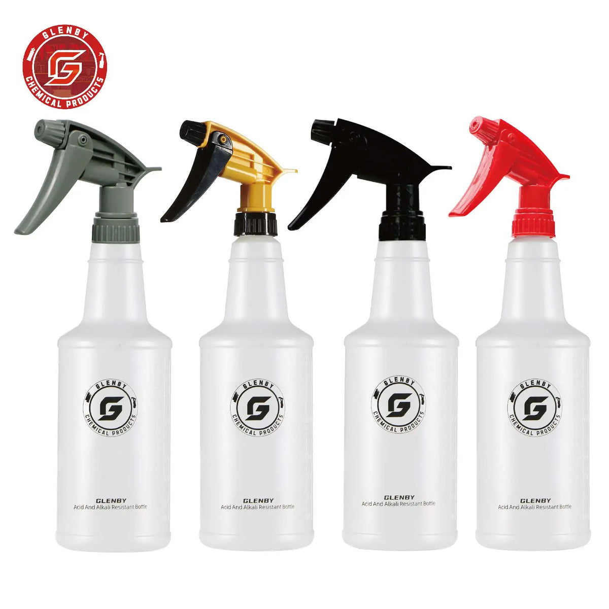 Ein Set von vier transparenten Sprayflaschen aus Glasby Säure und Lauge in verschiedenen Farben wie grau, gelb, schwarz und r