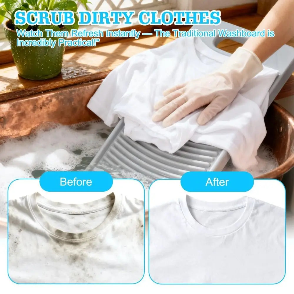 A hand wearing a glove is cleaning a white t-shirt in a metal washing board.