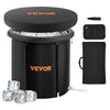 A black portable ice bath therapy tub with a lid, ice cubes, and an ice scoop.