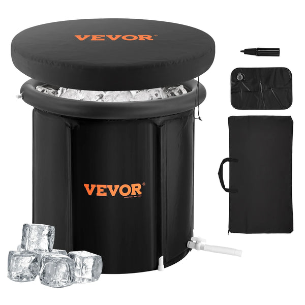 A black portable ice bath therapy tub with a lid, ice cubes, and an ice scoop.