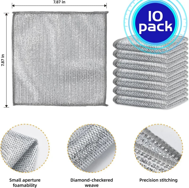 Stack of gray metal wire cleaning cloths showing various weave textures and stitching details