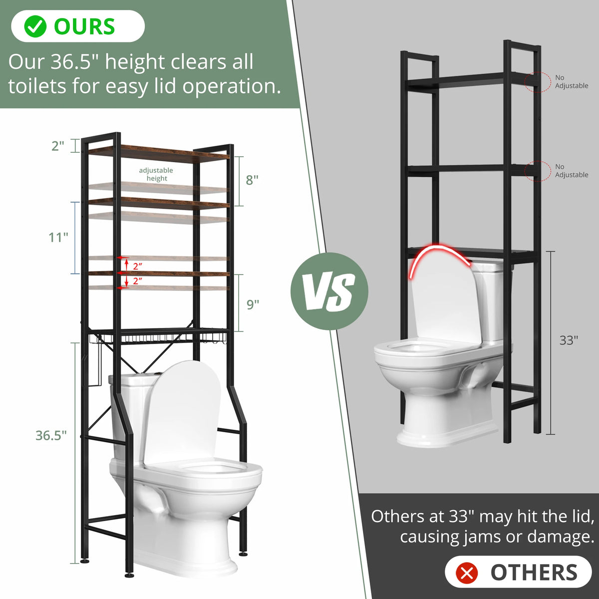 Black over-the-toilet storage shelf organizer with adjustable height for easy toilet lid operation.
