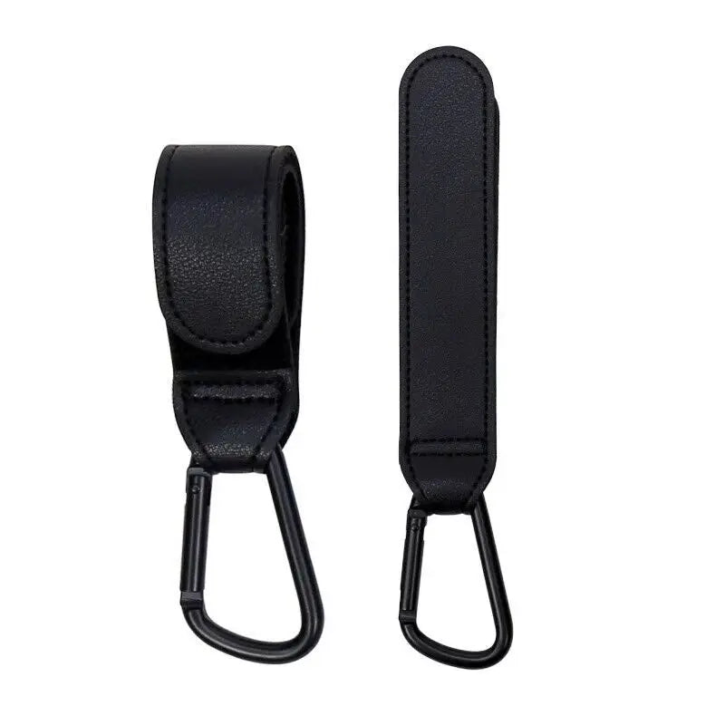 Black universal stroller hook carabiner accessory with a loop and clip.