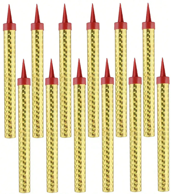 A row of gold birthday candles with red tops, varying in height.