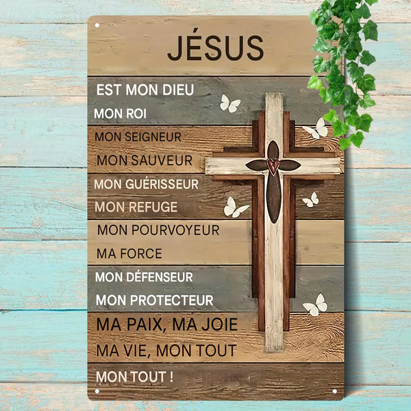 Wooden wall plaque featuring the name Jesus and various titles like my Lord, my Savior, and my peace.