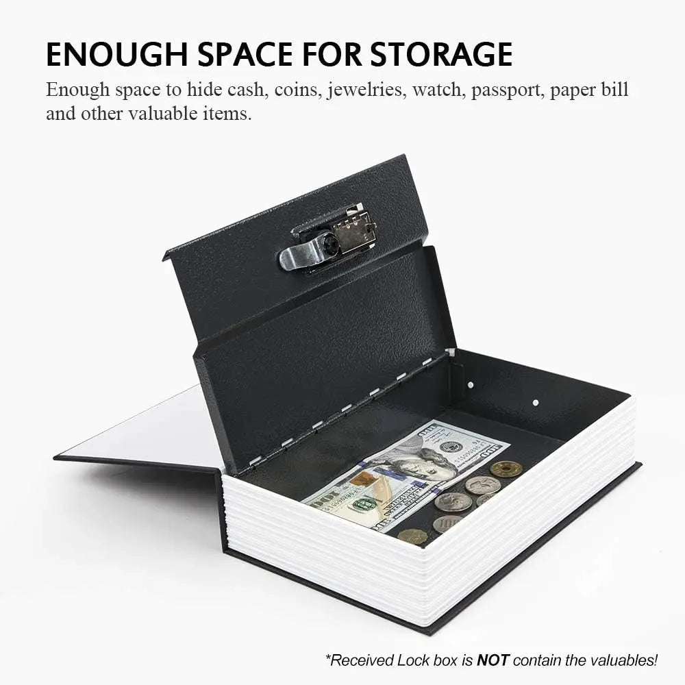 A black lock box with an open lid displaying a stack of cash and various valuables inside.
