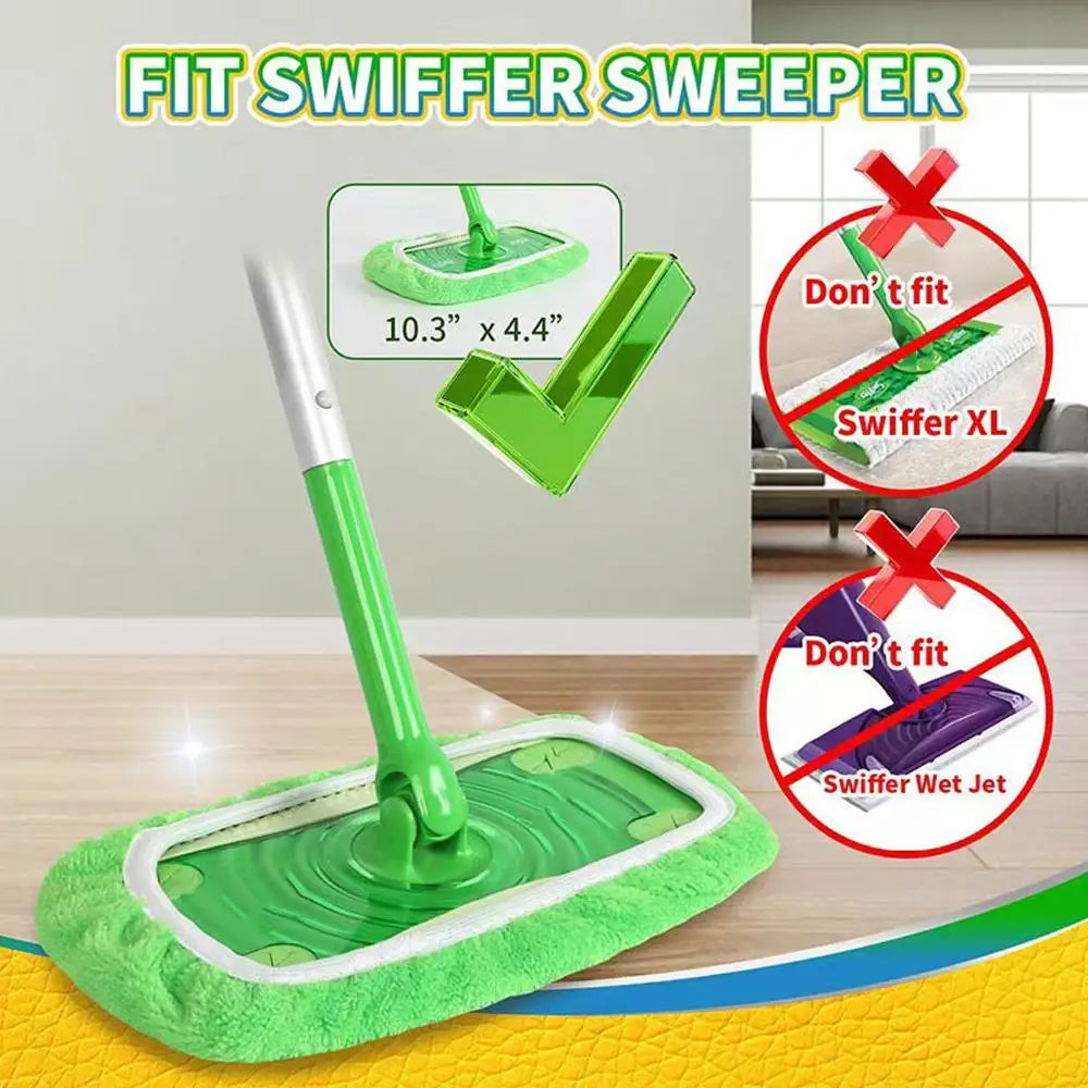A green reusable microfiber swiffer mop with a handle and a green cleaning pad is shown on a wooden floor.