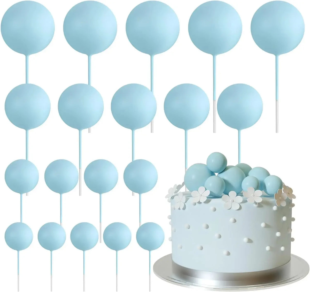 A collection of 20 light blue spherical cake toppers on sticks arranged in a grid.