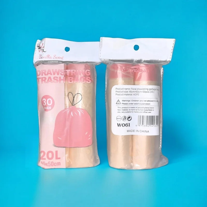 A pack of 30 floral scented drawstring trash bags in pink and beige colors.