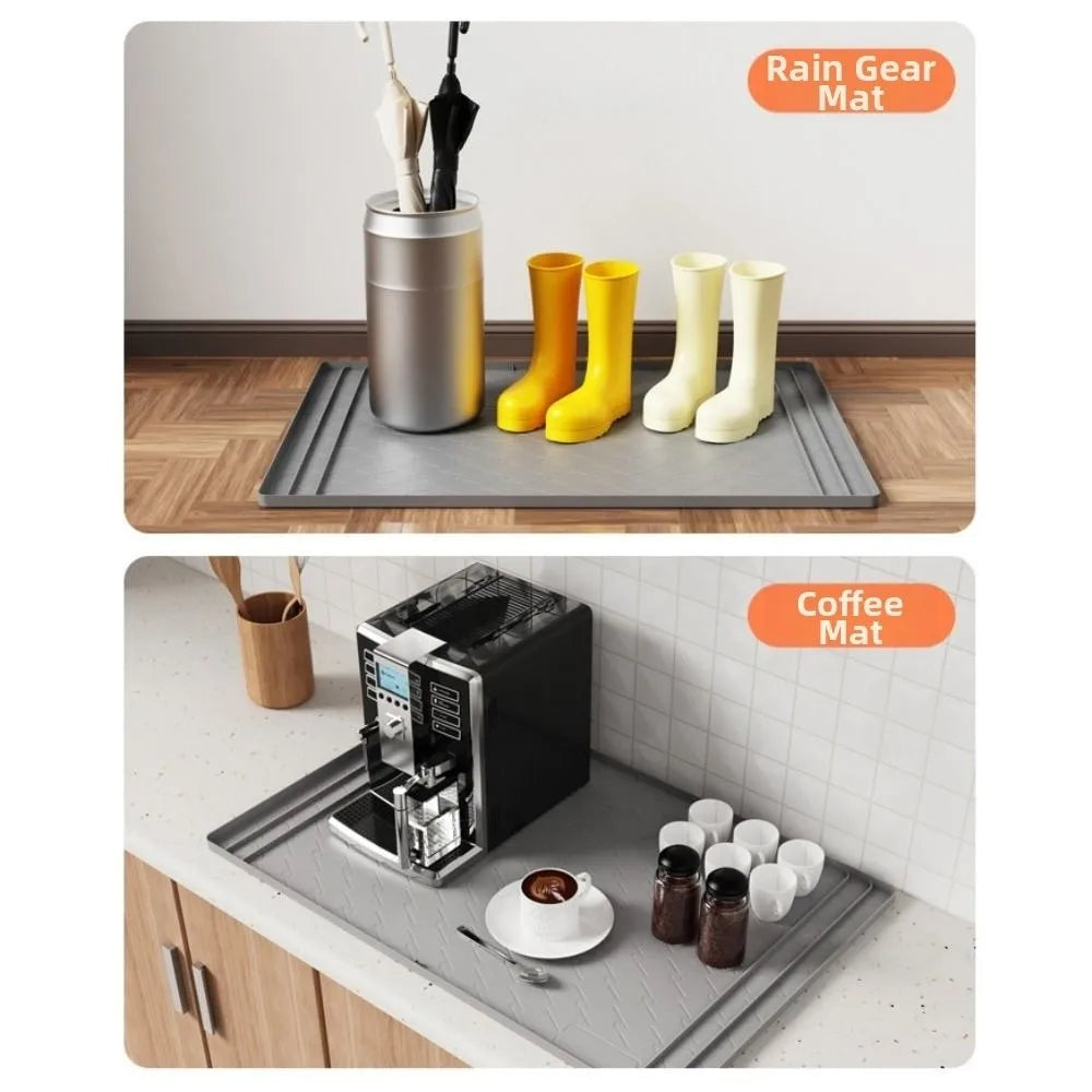 A set of yellow and white silicone mats used for rain gear and coffee to protect surfaces.