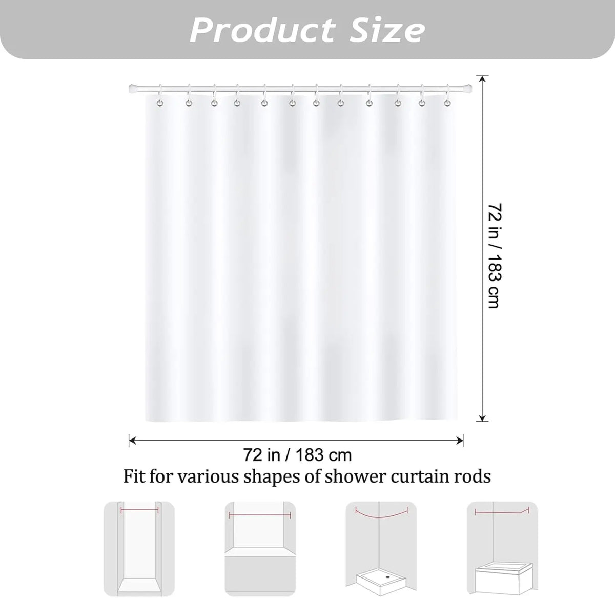 White shower curtain with a vertical fold, shown in various fit options.