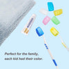 A collection of ten colorful silicone toothbrush head covers in various shades are displayed next to a brush.