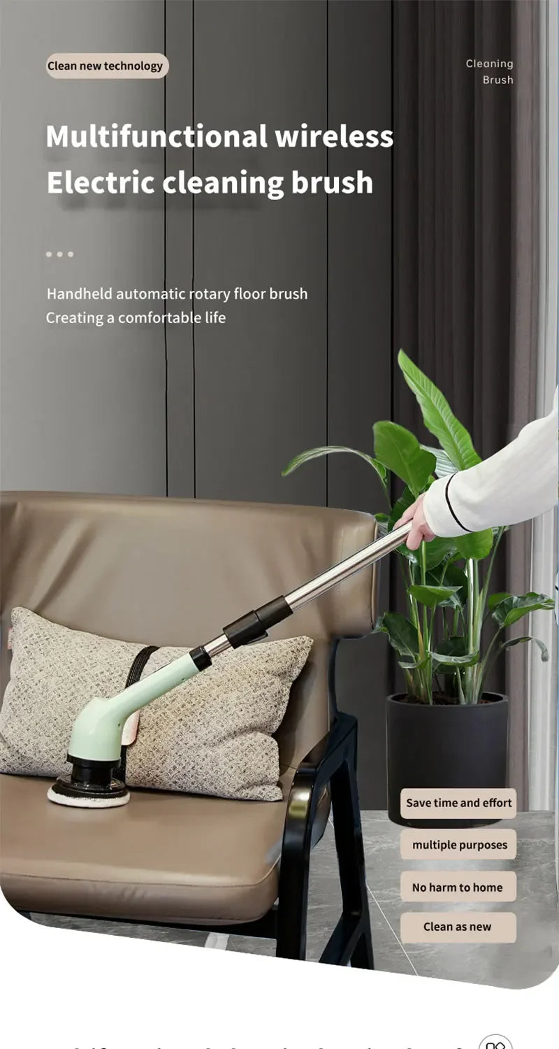 A handheld electric cleaning brush with a light green handle is shown next to a potted plant on a brown leather chair.