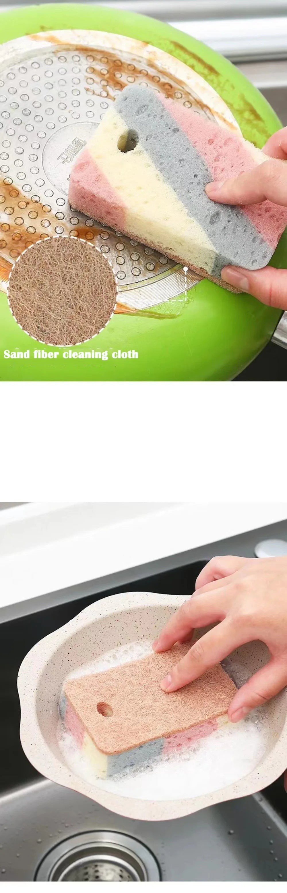 A hand is using a sand fiber cleaning cloth to wipe a striped sponge in a green bowl.