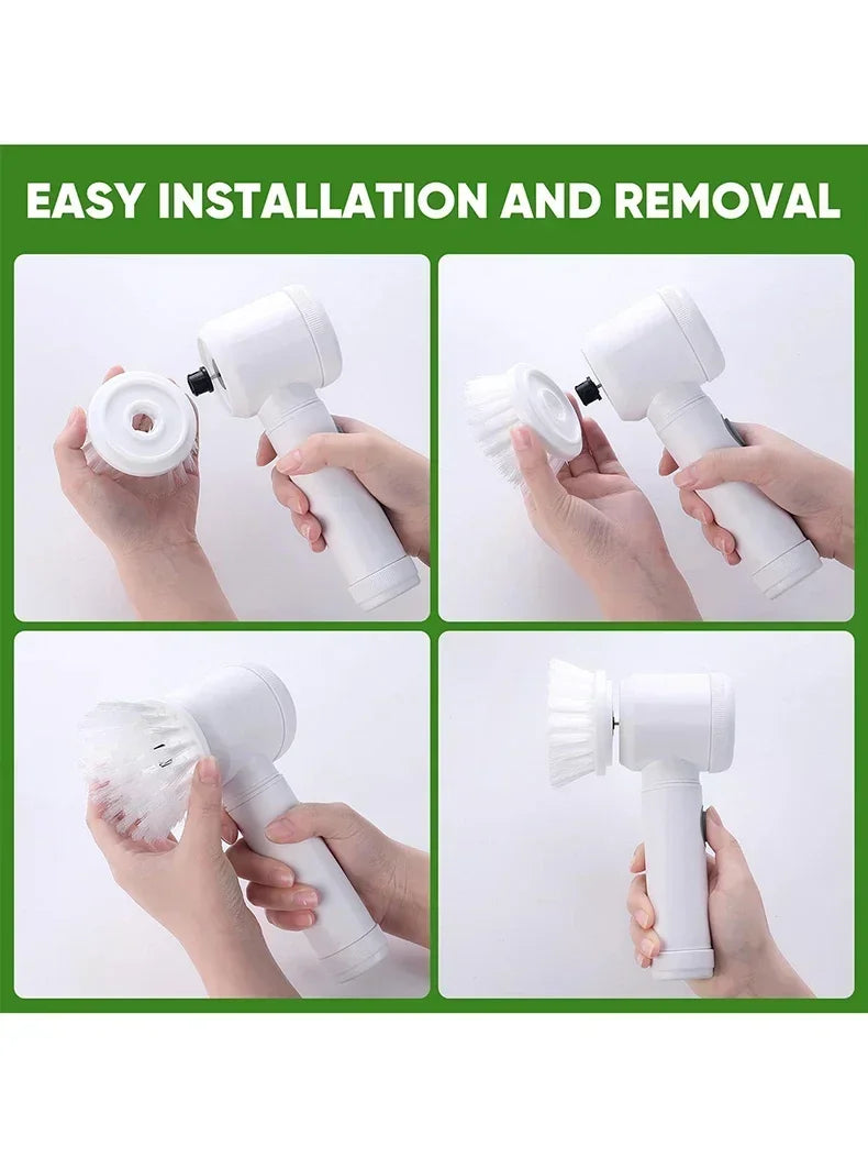 Hands demonstrate the easy installation and removal of an electric spin scrubber with replaceable brush heads.