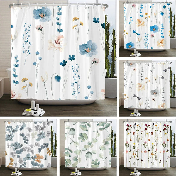 A collection of elegant floral shower curtains featuring watercolor blue, pink, and yellow flowers on a white background.
