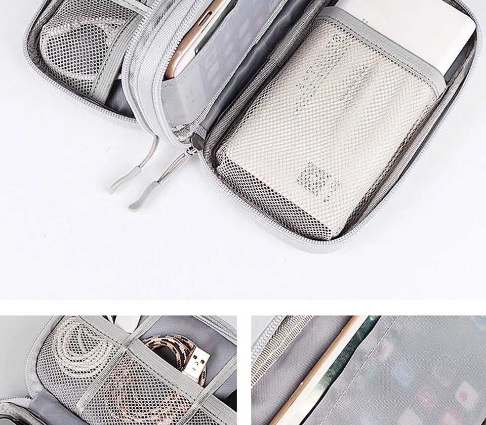 A gray waterproof cable organizer travel case open, showing mesh pockets for organizing cables and accessories.