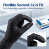A hand wearing a black disposable nitrile glove is shown next to a box of nitrile gloves.