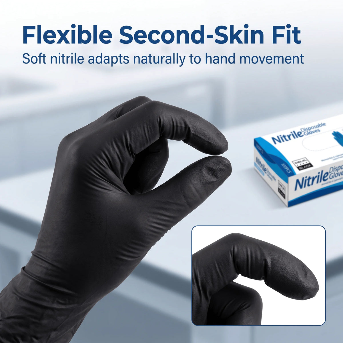 A hand wearing a black disposable nitrile glove is shown next to a box of nitrile gloves.