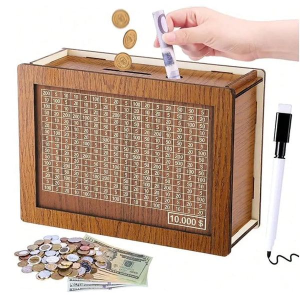 Holz-Sparschatulle mit Schlitz für Münzen und Scheine, zeigt verschiedene Banknoten.