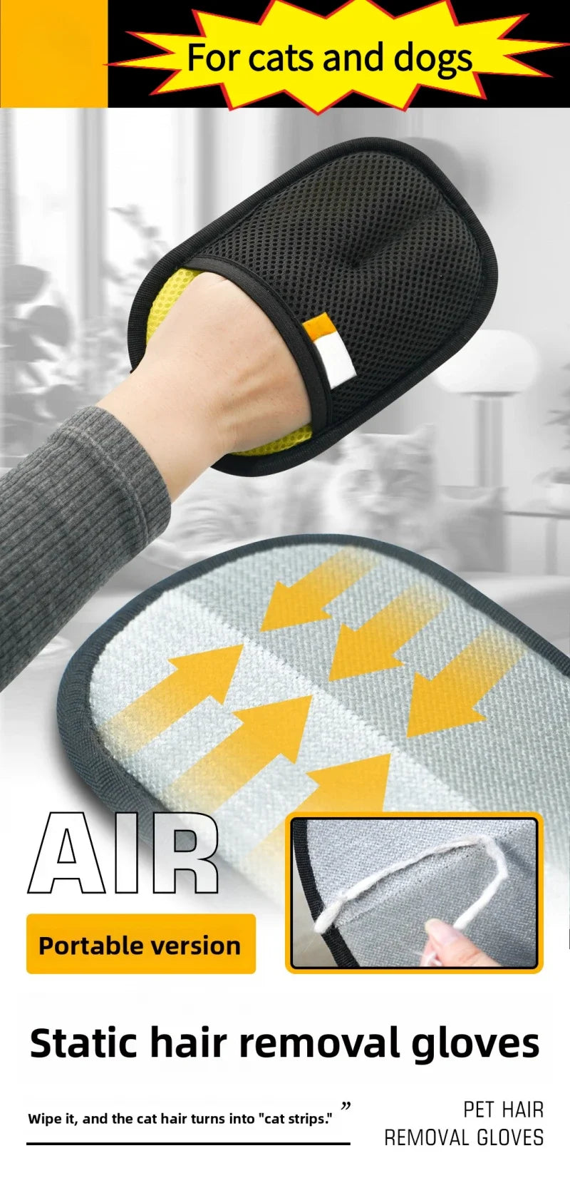 A hand wearing black electrostatic gloves is shown next to a gray mat with yellow arrows, demonstrating pet hair removal.