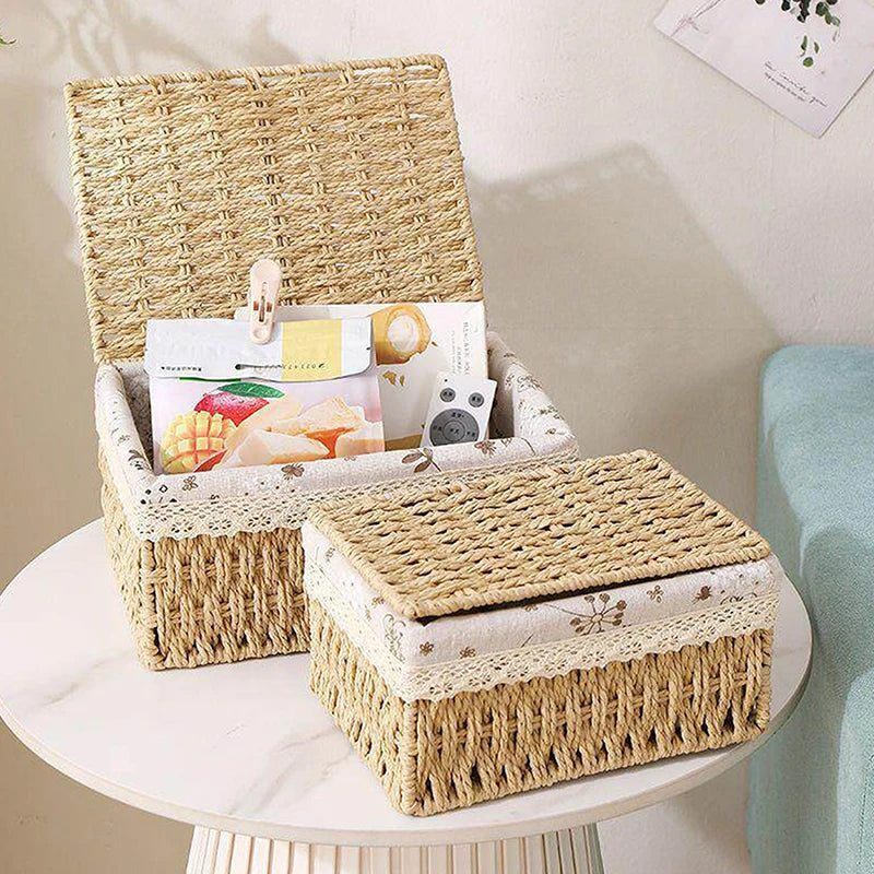 Handwoven rattan storage basket with a lid holding various small items on a white marble surface.
