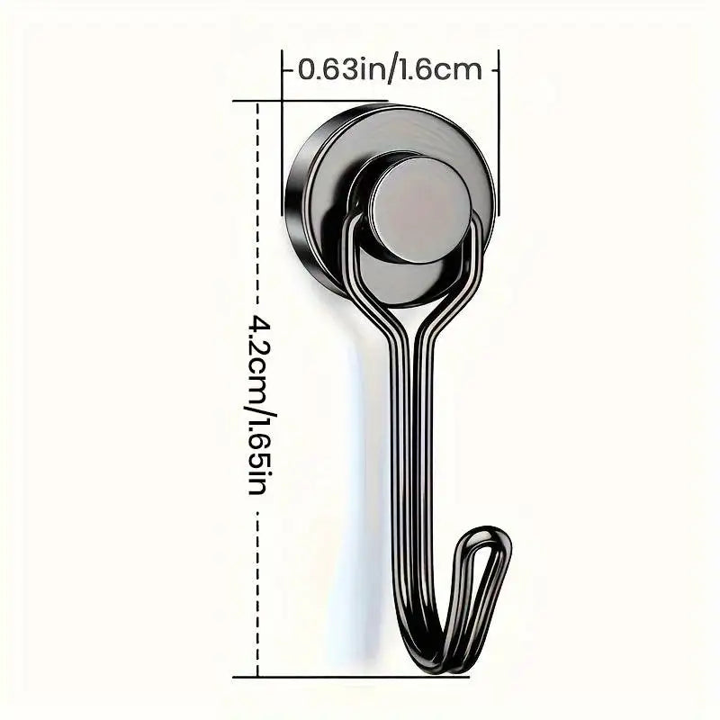 A close-up view of a heavy duty magnetic hook with a round head and a curved wire hanger.
