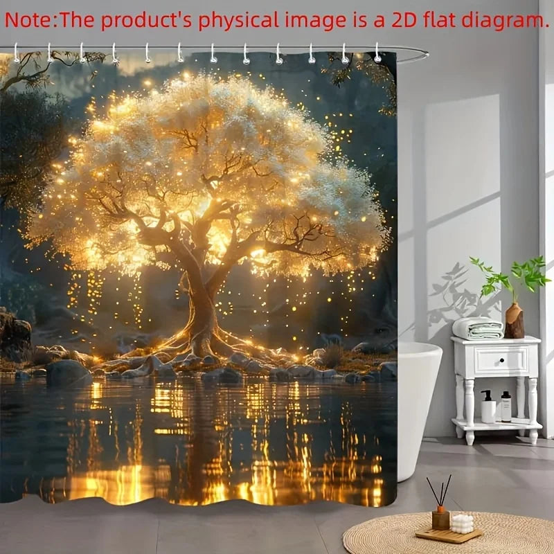 Diagrama plano de un gran árbol brillante con hojas y raíces doradas reflejadas en el agua.