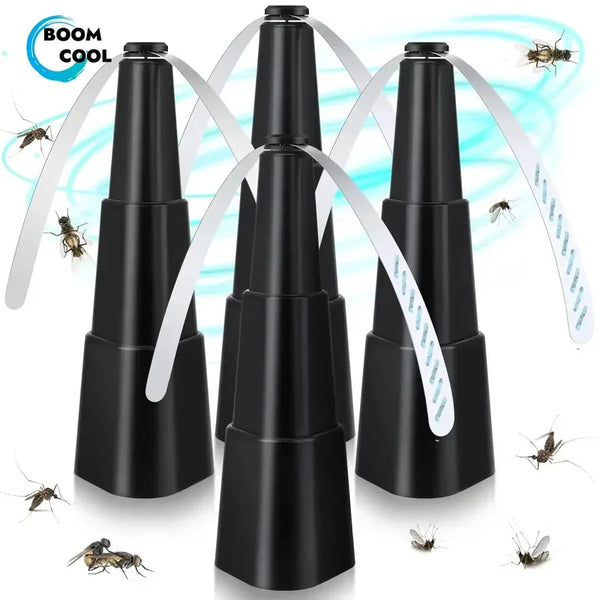 A set of black multi-functional fly repellent fans with white blades shown against a light blue background.