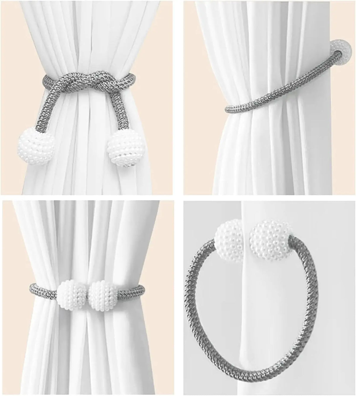 Un ensemble de pinces magnétiques en perles d'argent pour rideaux, montrés dans divers styles et applications.