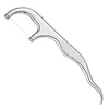 Stainless steel reusable toothpick set with a curved handle and thin stick.