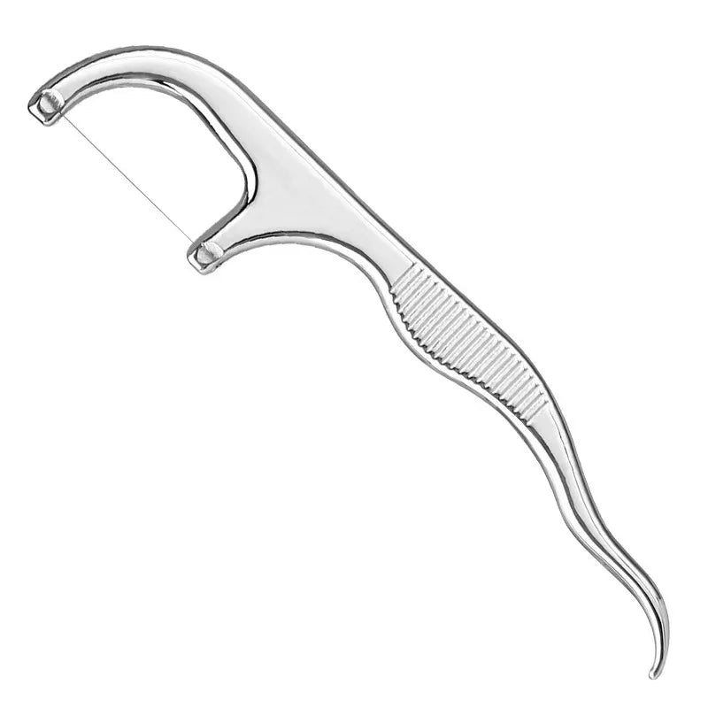 Stainless steel reusable toothpick set with a curved handle and thin stick.