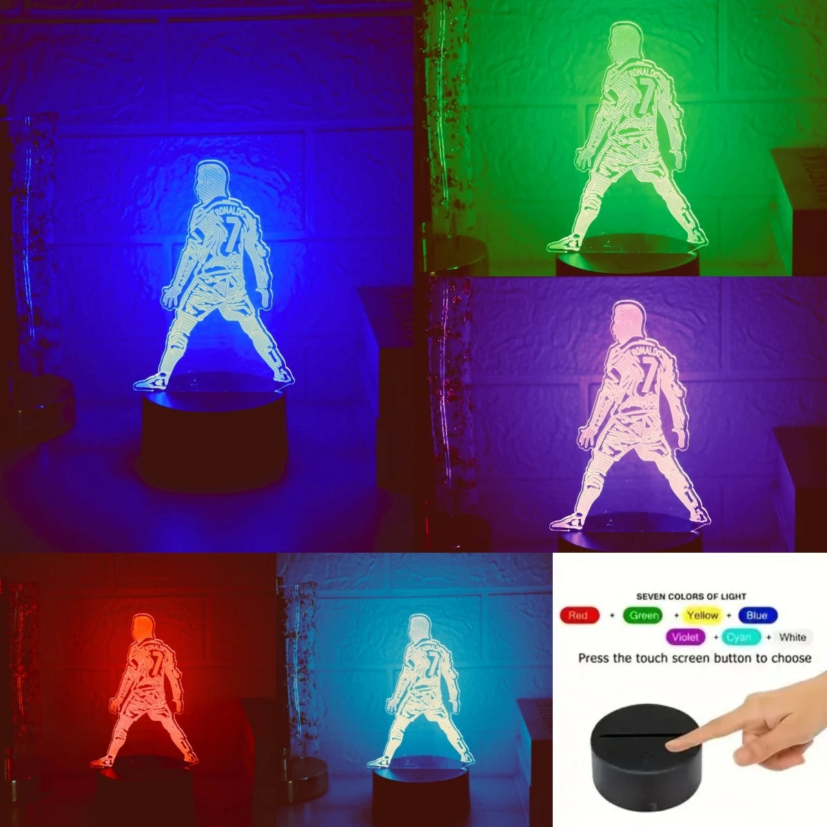 A set of seven colored 3D touch night lights illuminating a figure against a dark background.