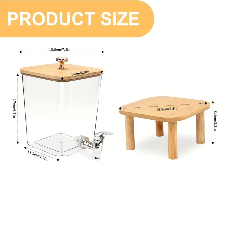 A clear glass and wooden laundry detergent dispenser with a stainless steel pump top and a wooden stand.