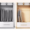A wooden closet shelf displaying a set of multi-layer pants hangers with non-slip clips.
