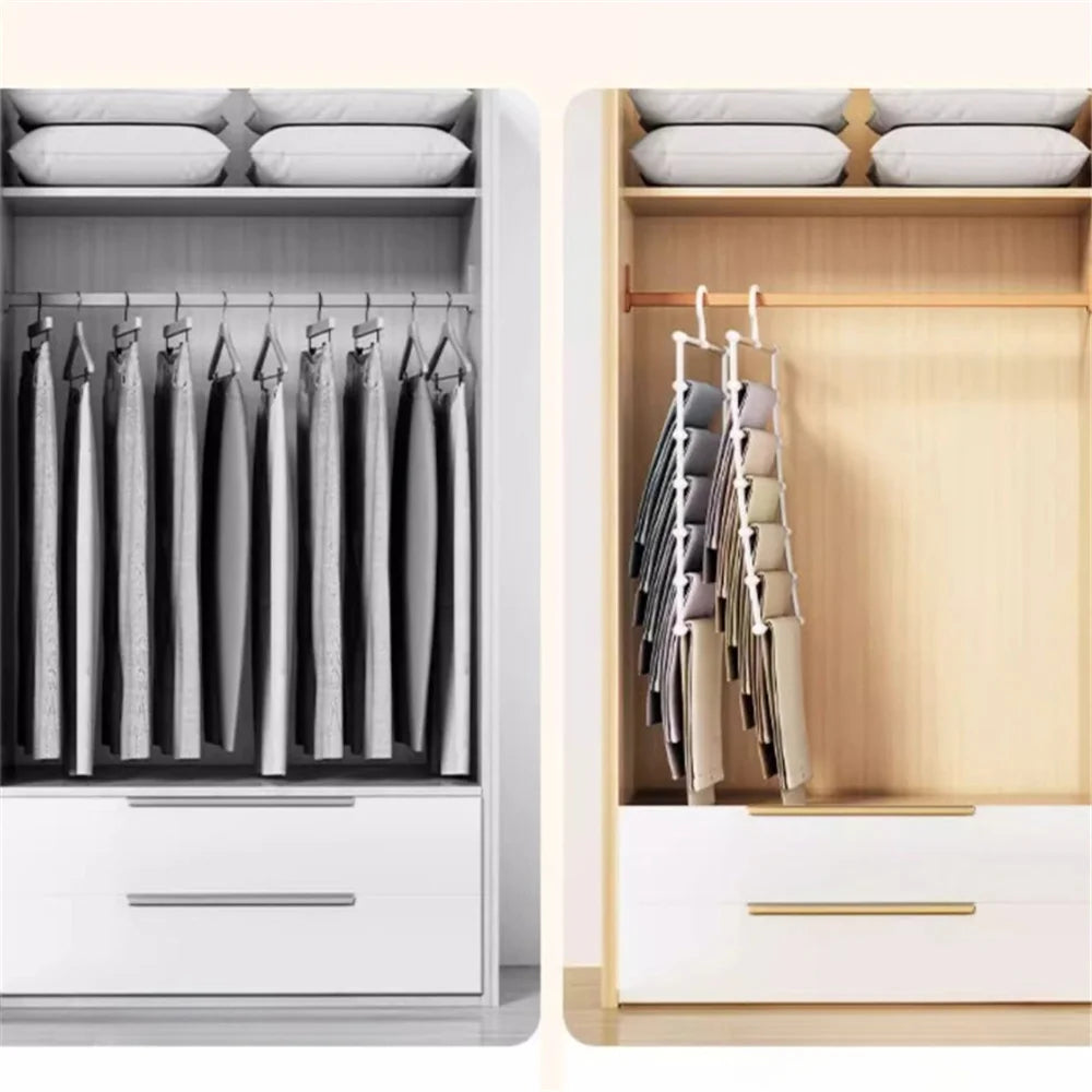 A wooden closet shelf displaying a set of multi-layer pants hangers with non-slip clips.