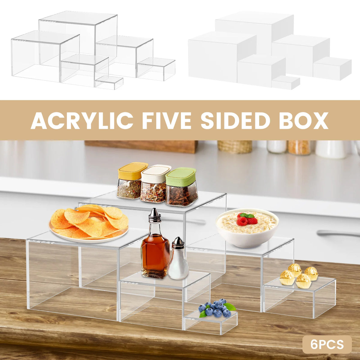 Six clear acrylic five-sided boxes stacked and used as a buffet riser for displaying food items