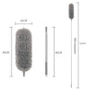 A gray extendable microfiber duster set with a fluffy head and long handle shown in various dimensions.