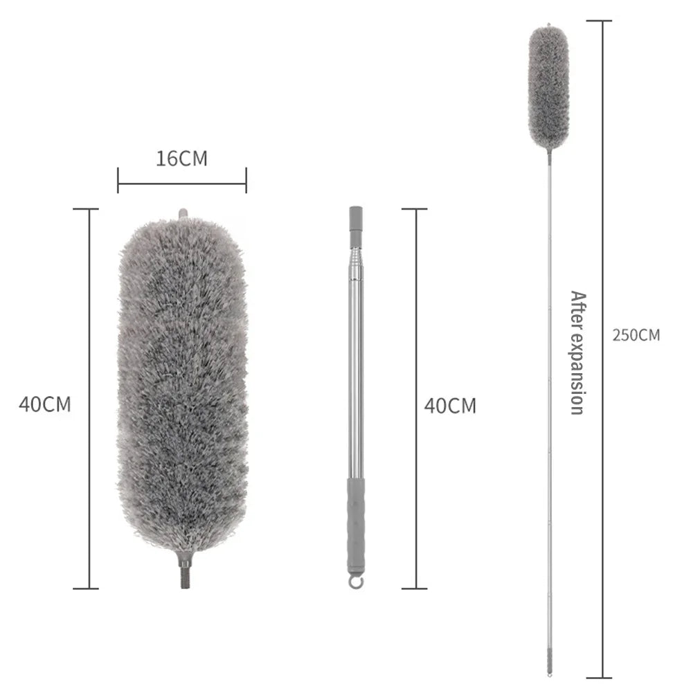A gray extendable microfiber duster set with a fluffy head and long handle shown in various dimensions.
