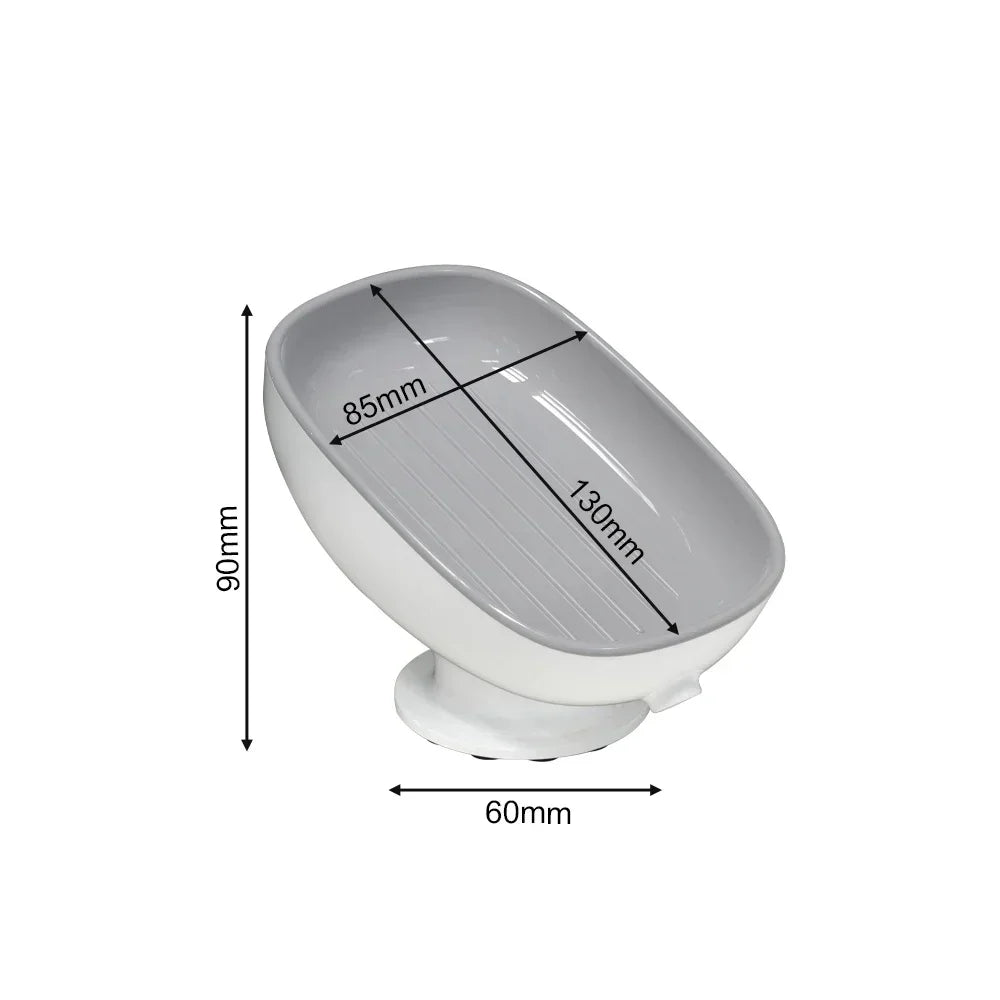 A white heavy duty suction cup soap dish with a drainer, shown from the side and top.