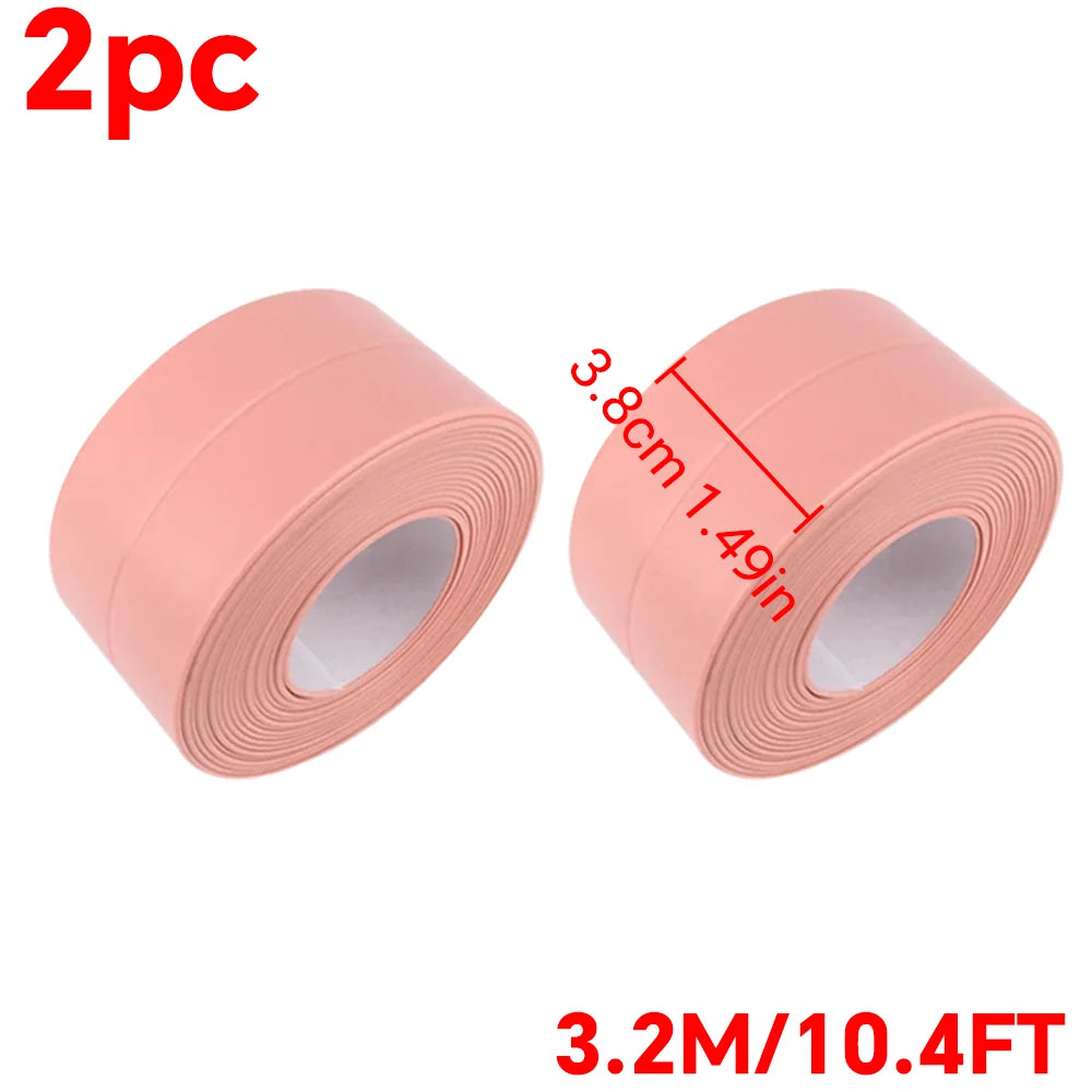 Two rolls of pink heavy-duty waterproof caulk tape, measuring 3.8cm or 1.49in each.