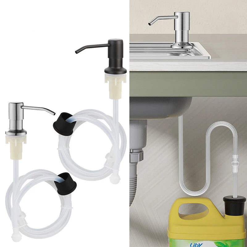 Stainless steel under-sink soap dispenser kit with extension tube showing a faucet and tubing