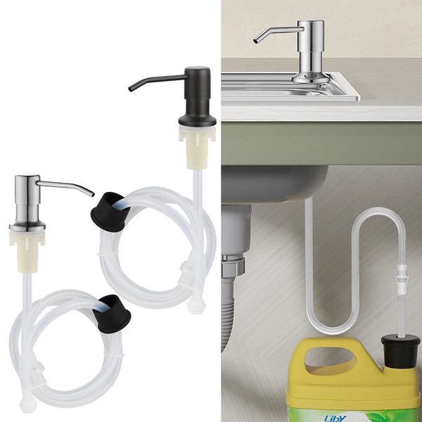 Stainless steel under-sink soap dispenser kit with extension tube showing a faucet and tubing