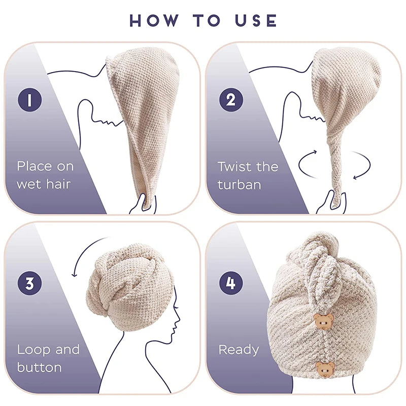 Instructions showing how to use a Quick-Dry Microfiber Hair Towel Wrap: place on wet hair, twist the turban, loop and button,