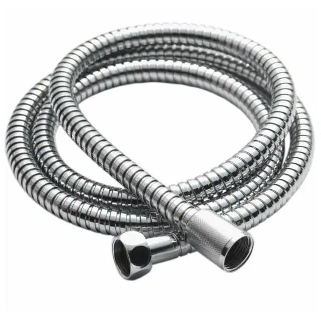 Silver filtered high-pressure shower head with a coiled metal hose and a detachable nozzle.