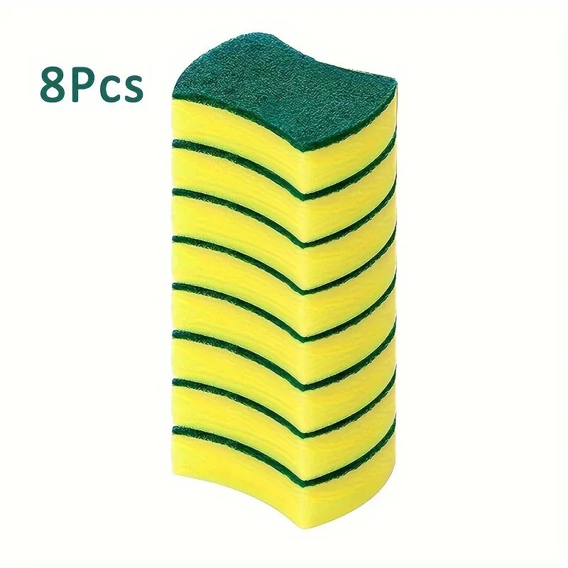 Eight pieces of heavy-duty double-sided magic cleaning sponges in green and yellow.