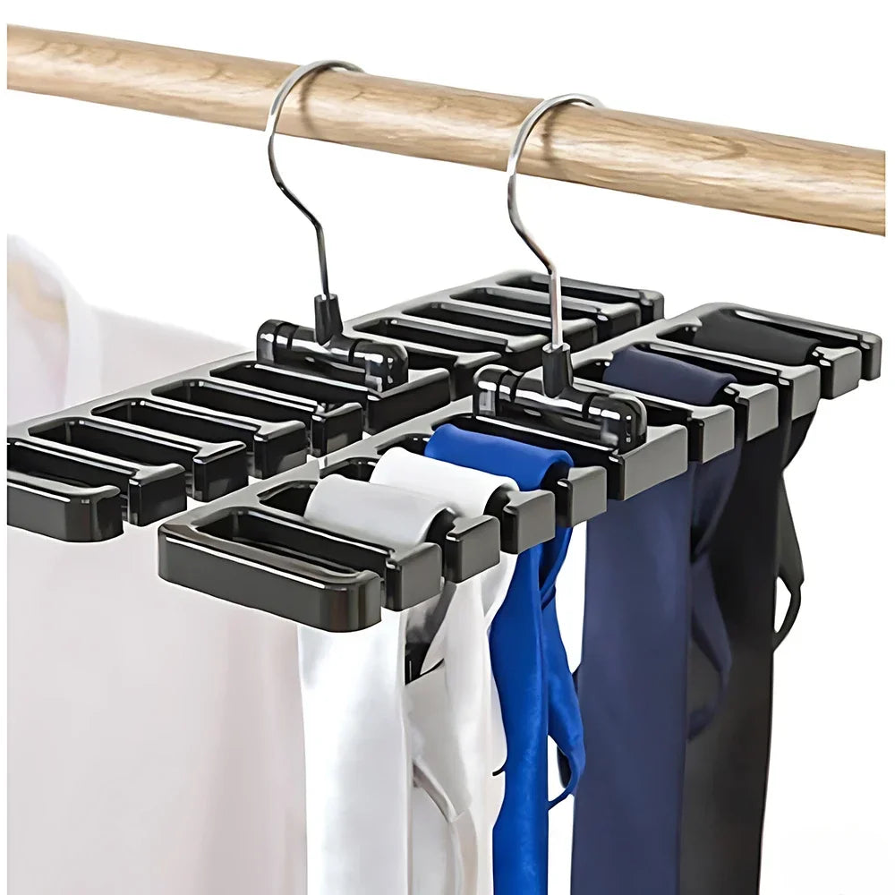 Black multi-slot hanging organizer with metal hooks and wooden bar for closet organization