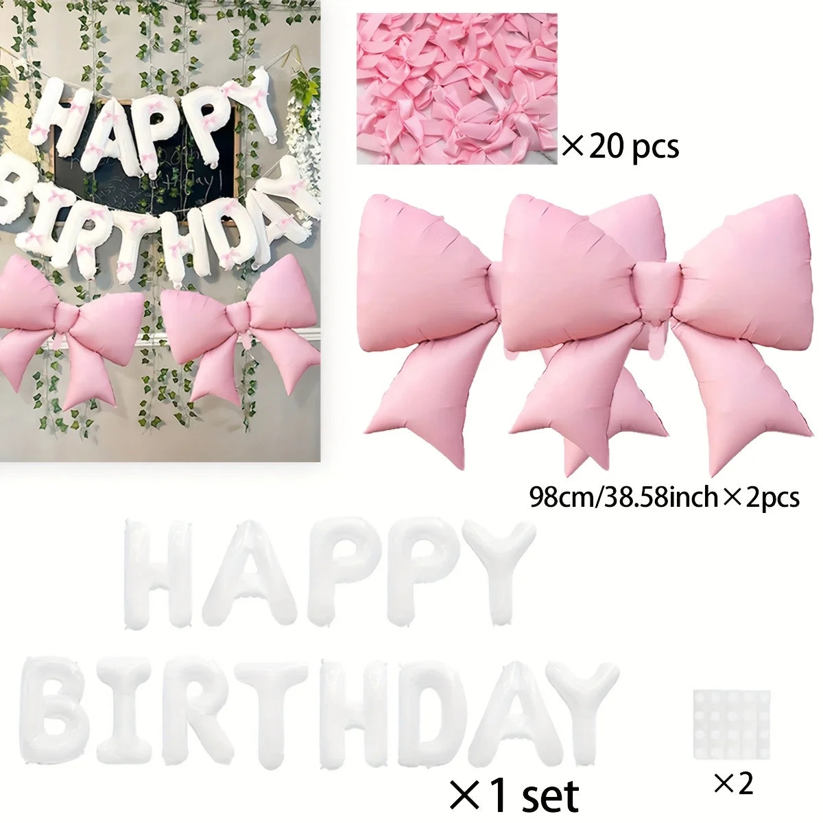 Pink birthday banner balloon decoration set featuring pink bows and white letters