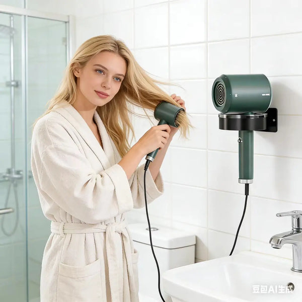 A blonde woman uses a wall mounted hair dryer storage rack to dry her hair in a modern bathroom.