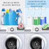 Three plastic bottles of laundry detergent and fabric softeners are shown next to a washing machine.